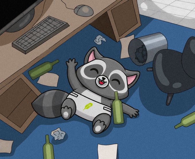 An illustration shows a cartoon raccoon lying on its back on a blue carpeted floor surrounded by empty green bottles and trash next to a tipped-over office chair and computer desk.