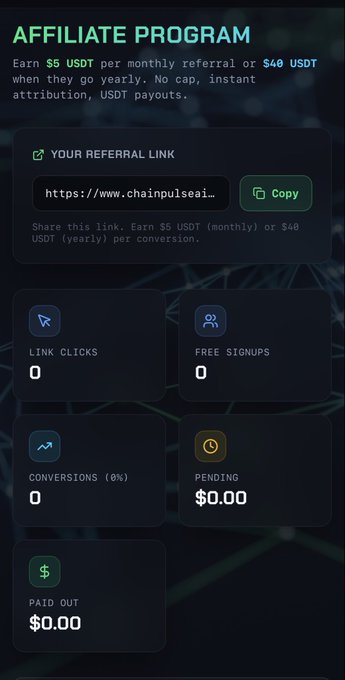 An affiliate program dashboard from chainpulseai.com displaying a referral link with stats showing 0 link clicks, 0 free signups, 0 conversions, and $0.00 in pending and paid out earnings.