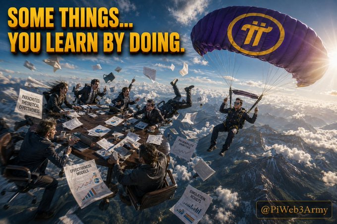 A promotional graphic for Pi Network (@PiWeb3Army) showing business people parachuting from a sky with documents, captioned 'SOME THINGS... YOU LEARN BY DOING'.