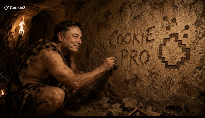 A shirtless man in fur pelts crouches inside a torch-lit cave, smiling as he draws "COOKIE PRO" alongside a pixelated cookie icon and primitive handprint art on the stone wall. The image humorously positions Cookie3 as a primitive tool, contrasting ancient navigational aids with the modern crypto trader's lack of insight into who's manipulating the market.
