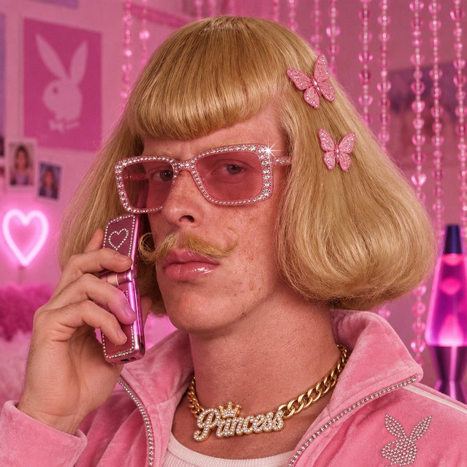 A person in an elaborate pink-themed costume wearing a blonde bob wig, pink rhinestone sunglasses, butterflies in their hair, and a 'Princess' crown necklace, while talking on a pink flip phone in a pink-decorated room.