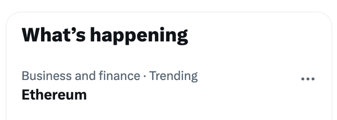 A screenshot of a 'What's happening' section showing 'Business and finance · Trending' with 'Ethereum' as the trending topic.