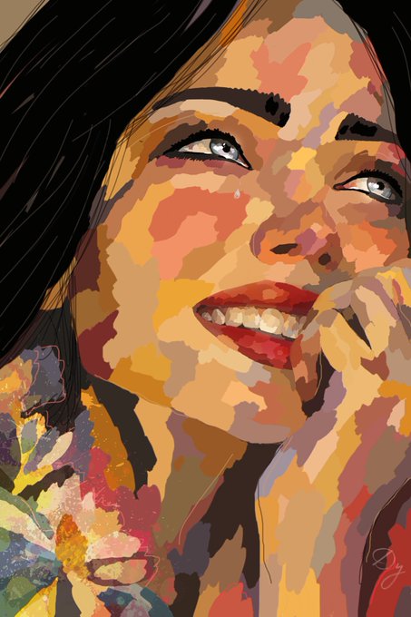 A stylized digital portrait/pop art illustration of a smiling woman with dark hair looking upward, rendered in vibrant warm colors with a signature in the bottom right corner.