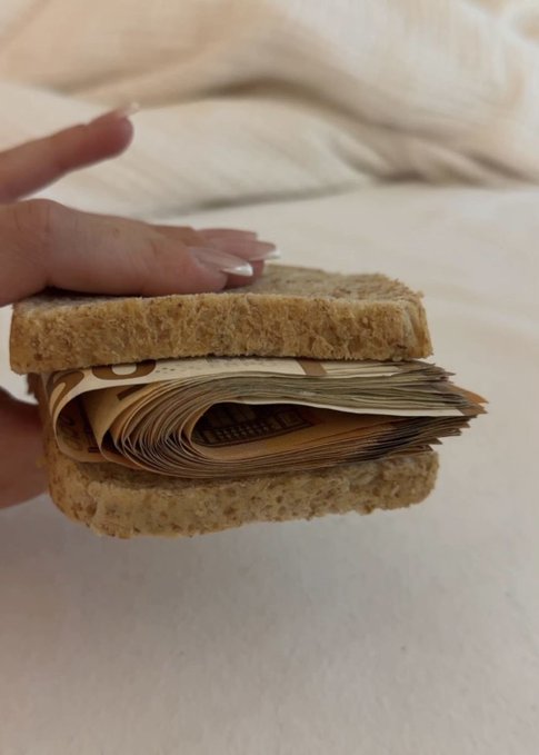 A hand holds a sandwich made of whole wheat bread filled with a thick stack of US dollar bills. This image visually represents an influx of cash, likely from the performance of $ANSEM, suggesting a positive outcome for investors.