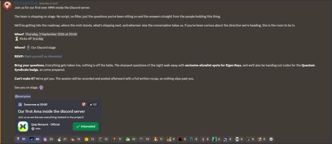 A Discord screenshot announcing an AMA session, with text including "Join us for our first ever AMA inside the Discord server", scheduled for Thursday, 3 September 2026, and mentioning exclusive allowlist spots for Eigen Keys and Quantum Syndicate.