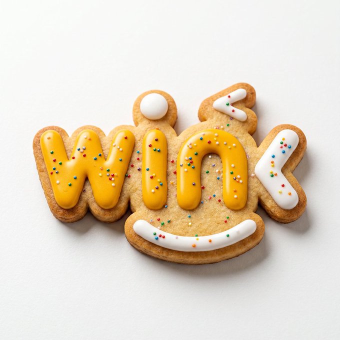 A decorated gingerbread-style cookie displays the word “WINK” in yellow icing with multicolored sprinkles and white icing accents.