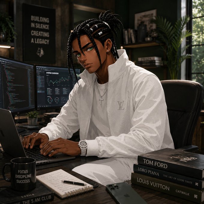 An illustrated scene of a young man with braided hair working on a laptop in a modern office, with motivational posters reading 'BUILDING IN SILENCE CREATING A LEGACY' and 'FOCUS DISCIPLINE SUCCESS,' alongside luxury books like Tom Ford, Loro Piana, and Louis Vuitton.