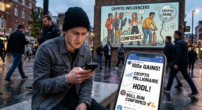 A young man in a black beanie and denim jacket looking down at his phone in an urban setting, with a billboard reading 'CRYPTO INFLUENCERS' and 'CONFIDENCE' behind him, while his screen displays '100x GAINS!', 'CRYPTO MILLIONAIRE HOOL!', and 'BULL RUN CONFIRMED'.