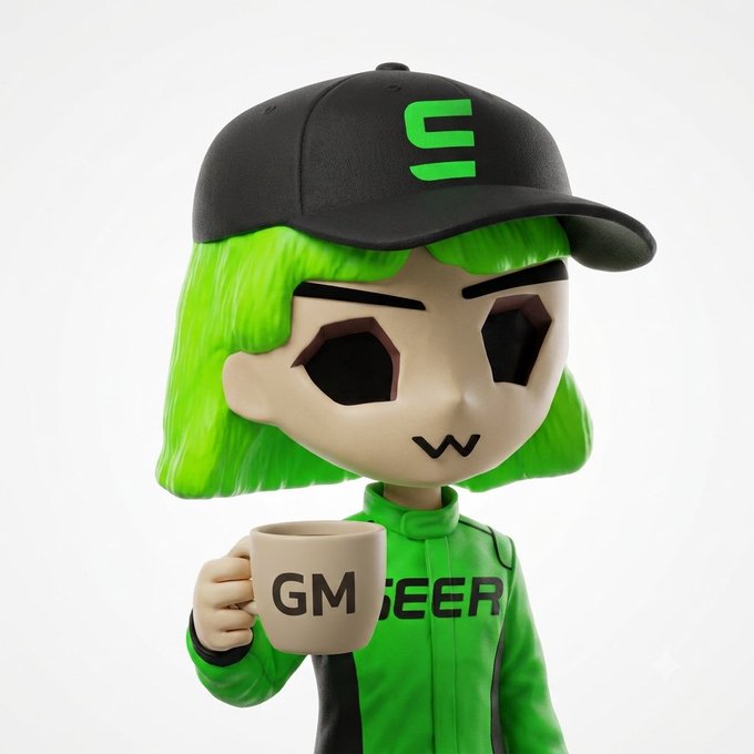 A 3D-rendered cartoon character with bright green hair wearing a black cap with a green "G" logo and a green jacket, holding a beige mug that reads "GM" with partial text "EER" visible on the jacket.