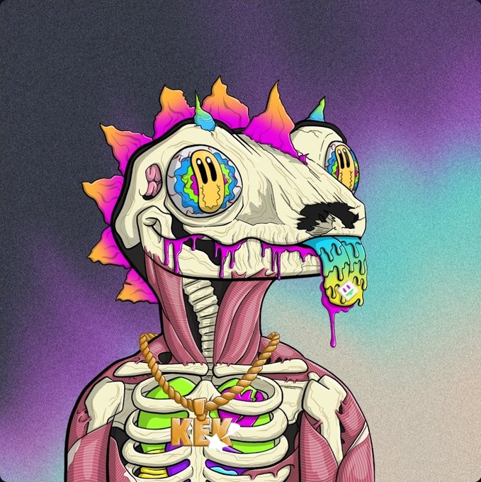 A vibrant, psychedelic illustration of a skeletal figure with a dinosaur-like skull, rainbow spikes, and dripping neon colors, wearing a gold chain with a 'KEX' pendant.