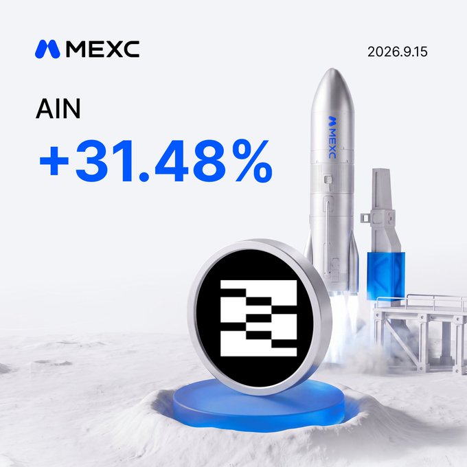A MEXC promotional graphic dated 2026.9.15 showcases the $AIN token's 31.48% gain with a rocket launching alongside the AIN logo coin, visually reinforcing the post's "mooning" celebration.