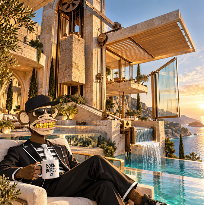 A grinning monkey character wearing a black suit, sunglasses, and cap lounges on a patio chair holding a coffee mug reading "BORN BORED b3" against a backdrop of a luxurious cliffside villa with infinity pool overlooking the ocean at sunset—capturing the post's theme of savoring the victory and enjoying the journey in the Web3 space.