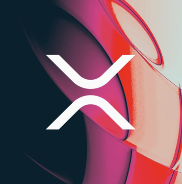The image displays the white XRP (Ripple) logo prominently against a backdrop of red and pink curved 3D shapes. The logo represents Ripple's cryptocurrency branding, which connects to the news of XRP becoming the official sponsor of the Kansas Jayhawks sports program and appearing on their jerseys.