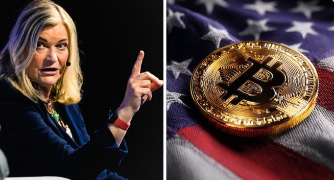 A woman gestures while speaking next to a gold Bitcoin coin resting on an American flag, illustrating Senator Cynthia Lummis's continued push for the CLARITY Act to establish regulatory framework for digital assets.