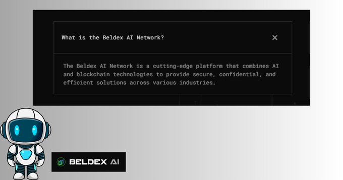 A digital interface displaying 'What is the Beldex AI Network?' with the answer explaining it's a platform combining AI and blockchain technologies, accompanied by a cartoon robot mascot and the 'BELDEX AI' logo.