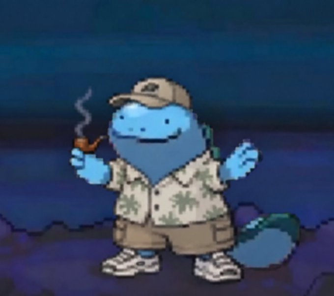 A pixel-art illustration of a blue, dinosaur-like character wearing a tan cap, floral Hawaiian shirt, cargo shorts, and sneakers, smoking a brown pipe.