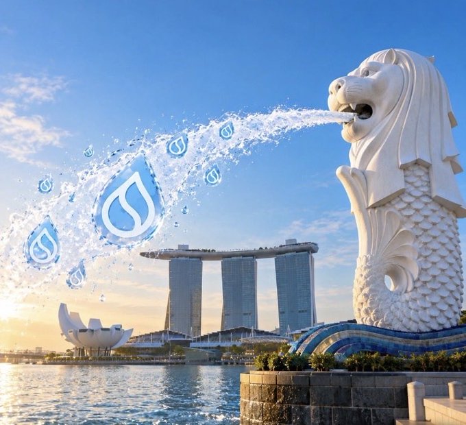 The Merlion statue in Singapore spouts water into Marina Bay with the Marina Bay Sands hotel in the background, overlaid with stylized water droplet logos containing an 'S' symbol.