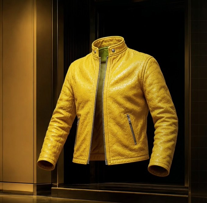 A vibrant yellow quilted leather jacket is displayed in a sleek, dimly lit showcase, evoking a sense of luxury and selection. The post from @cz_binance references the iconic leather jacket, humorously suggesting it has chosen its wearer, prompting the question, "When is it time?"—implying readiness for a bold new chapter.
