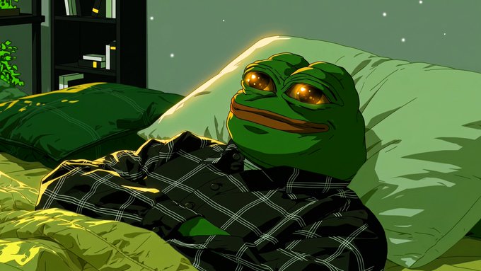 An illustration shows Pepe the Frog in plaid pajamas lying in bed with glowing cosmic eyes under a pillow.