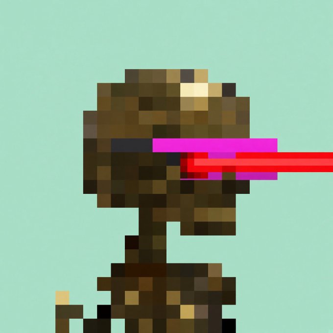A pixelated brown figure appears to be shooting a red laser beam from its eye against a light green background.