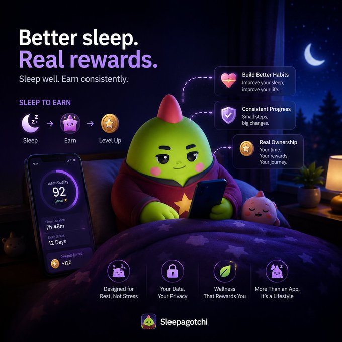 An advertisement for Sleepagotchi with the tagline 'Better sleep. Real rewards. Sleep well. Earn consistently,' featuring a green mascot character and a smartphone showing sleep metrics.