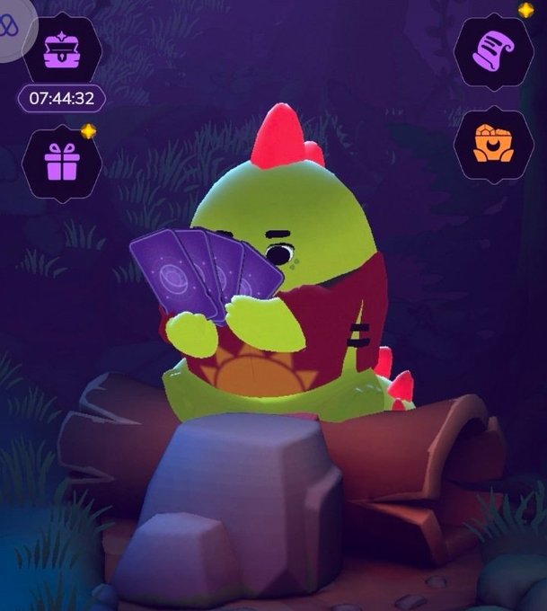 A screenshot from a mobile game featuring a green dinosaur-like character holding purple cards, sitting on rocks with game UI elements and a timer showing 07:44:32.