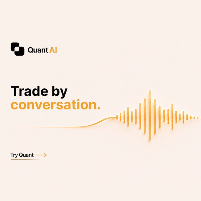 An advertisement for 'Quant AI' with the tagline 'Trade by conversation' and an orange soundwave graphic on a cream background.