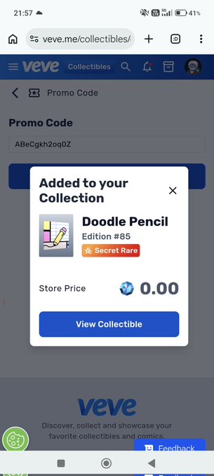 The image shows a cell phone screen with an app called "veve" displayed, which appears to be a shopping app for pencils. The app has a pop-up window that reads "added to your collection", indicating that someone has added a pencil to their collection. There is also a small text box in the bottom right corner of the image, which says "view collectible".