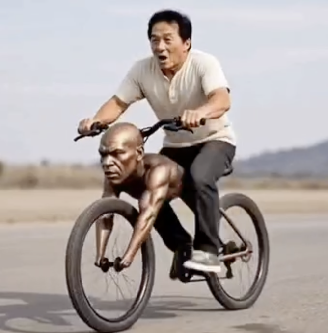 A muscular, bald man is positioned horizontally on the front of a bicycle, gripping the handlebars and spinning the front wheel with his hands while a panicked-looking man in a polo shirt rides on the seat behind him, humorously illustrating the absurd effort of pumping a crypto token to reach 1,000 holders.