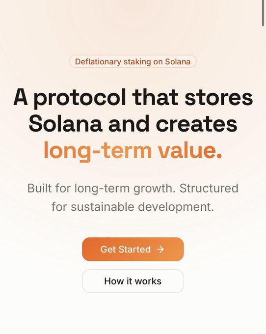A website landing page for a Solana-based project, featuring the headline "A protocol that stores Solana and creates long-term value" with a "Deflationary staking on Solana" tag above it, along with "Get Started" and "How it works" buttons. The image directly showcases the headline mentioned in the post, visually presenting the Luxor Foundation's new site that introduces their Solana storage protocol.
