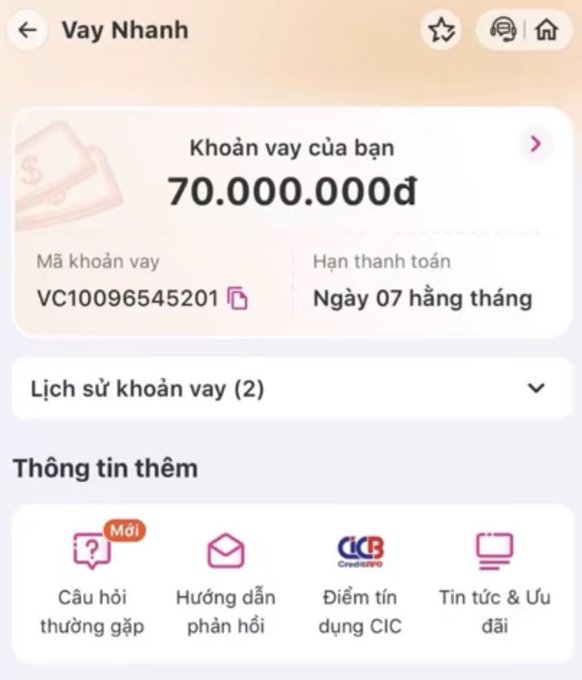 A Vietnamese loan app interface titled "Vay Nhanh" shows a loan amount of "70.000.000đ" with a payment due date and various menu options.