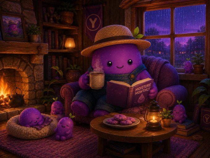 A 3D-rendered cozy scene of a purple plush-like character wearing a straw hat and overalls, reading a book titled 'MOISTURE MONTHLY' in an armchair by a fireplace.