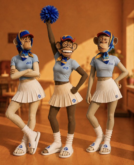 A stylized 3D rendering of three Bored Ape Yacht Club (BAYC) characters dressed in cheerleader outfits with pleated skirts featuring the BAYC logo, posed in a kitchen setting under warm lighting. The image playfully reimagines the iconic NFT apes in a "skirt for men" theme, though the caption's promised "Aqua Backgrounds" and "2026" date aren't depicted in this warm-toned scene.