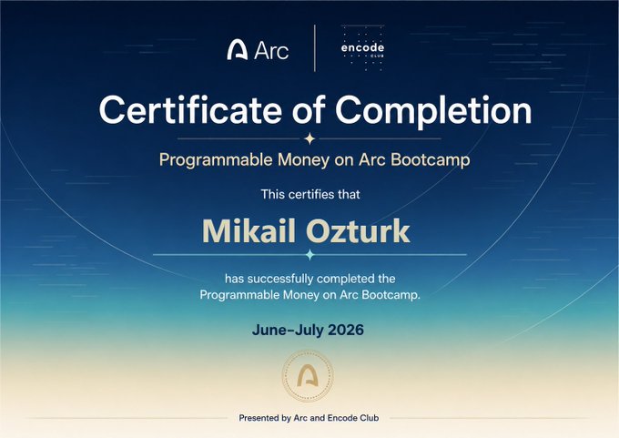 A certificate of completion for Mikail Ozturk from the 'Programmable Money on Arc Bootcamp' presented by Arc and Encode Club for June-July 2026.