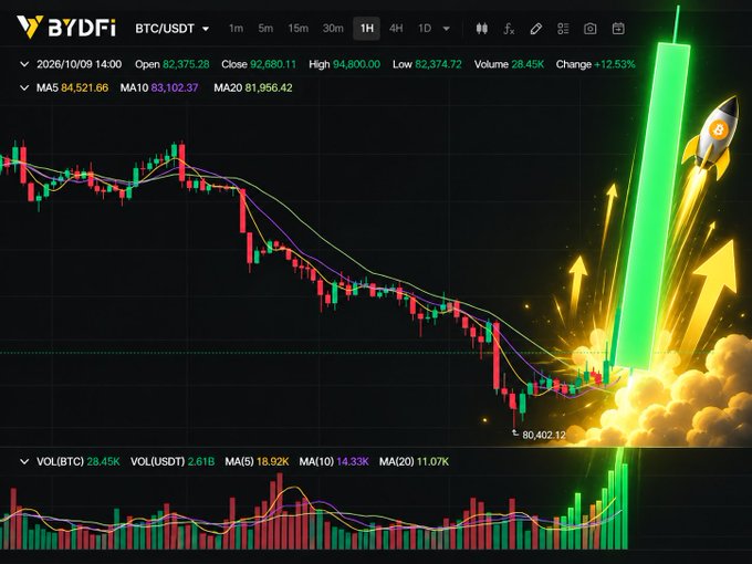A BTC/USDT chart on BYDFi shows a recent sharp reversal from a low of $80,402 with +12.5% gains, overlaid with a rocket illustration symbolizing the "intern's" bullish prediction for the next candle.