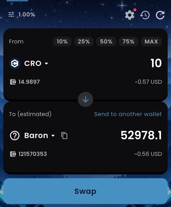 The image shows a cryptocurrency swap interface on Crypto.com, exchanging 10 CRO (~$0.57) for 52,978.1 "Baron" tokens (~$0.56). This illustrates someone buying into the newly launched $BARON token, supporting the post's hype about the top Cronos content creator launching their own coin.