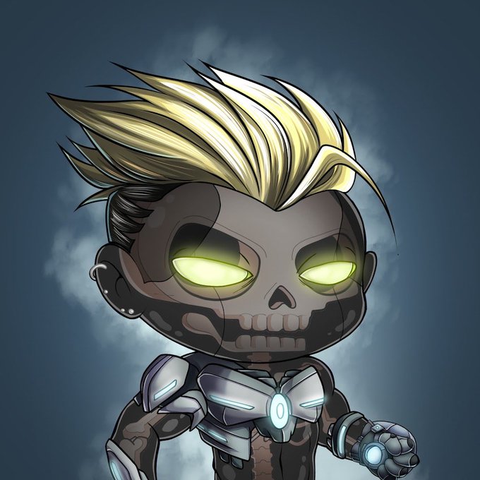 A cartoon-style digital illustration of a character with a skull-like face, glowing yellow eyes, spiky blonde hair, and cybernetic armor.