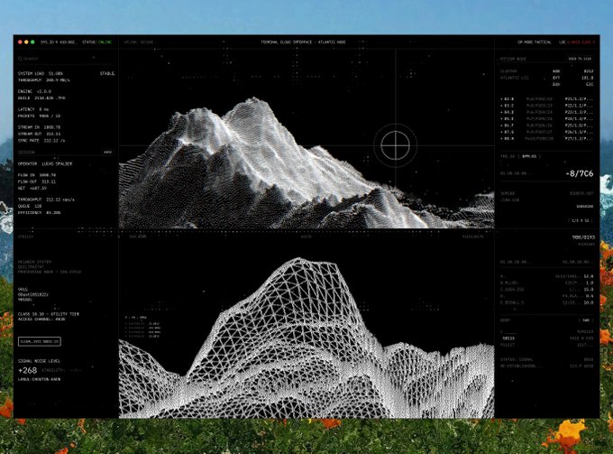 A computer screen displays a topographical scan interface with the window title 'TERMINAL. CLOUD INTERFACE - ATLANTES.M002', showing wireframe and textured 3D models of a mountain range.