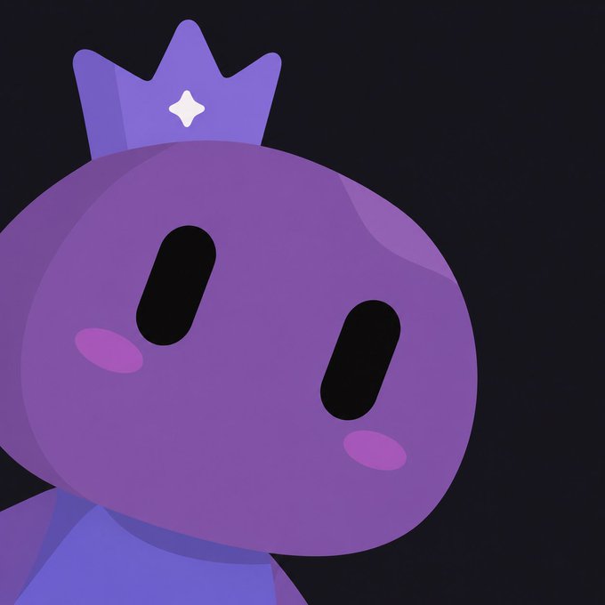 A purple cartoon character with oval black eyes, pink blush marks, and a small three-pointed crown against a black background.