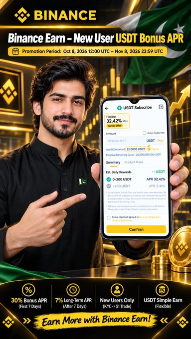 A Binance promotional graphic features a man in a black shirt pointing to a smartphone displaying a USDT subscription screen with a 32.42% APR, advertising a 'New User USDT Bonus APR' promotion running from Oct 8 to Nov 8, 2026.