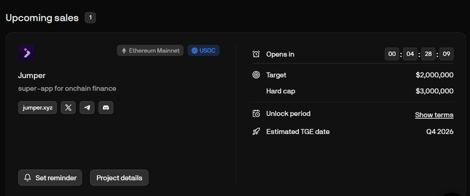 A cryptocurrency platform interface showing an 'Upcoming sales' section for 'Jumper' (super-app for onchain finance) on Ethereum Mainnet, with a target of $2,000,000 and hard cap of $3,000,000.