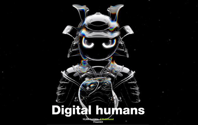 A futuristic glassmorphic digital humanoid figure with glowing eyes and chromatic refraction effects stands against a starry black background, overlaid with the text "Digital humans" and metadata showing "10,000 humans" minted on "@Rabithfooltown" via Freqmint. The image relates to the post by promoting a free NFT mint from the SoulsClub, aligning with the futuristic, otherworldly aesthetic of the project.