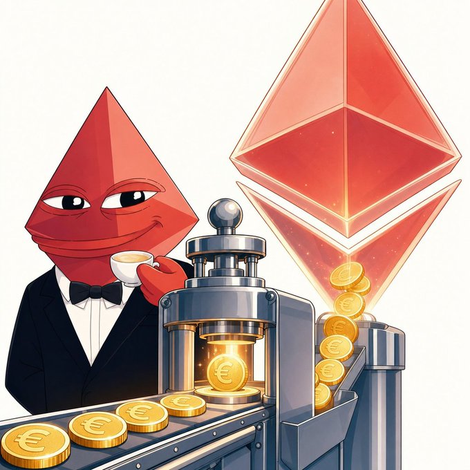 An anthropomorphized Ethereum logo in a tuxedo sips tea while operating a minting press that stamps out Euro coins beneath a glowing Ethereum diamond, symbolizing Revolut's launch of a euro-backed stablecoin on the Ethereum network for its 80 million customers.