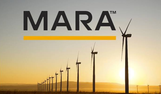 The MARA logo appears prominently over a scenic image of wind turbines silhouetted against a golden sunset.