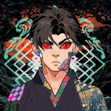 An anime-style portrait of a young man with black hair, glowing red eyes, and colorful traditional tattoos on his face and chest, set against a dark background with geometric diamond patterns and swirling green motifs.