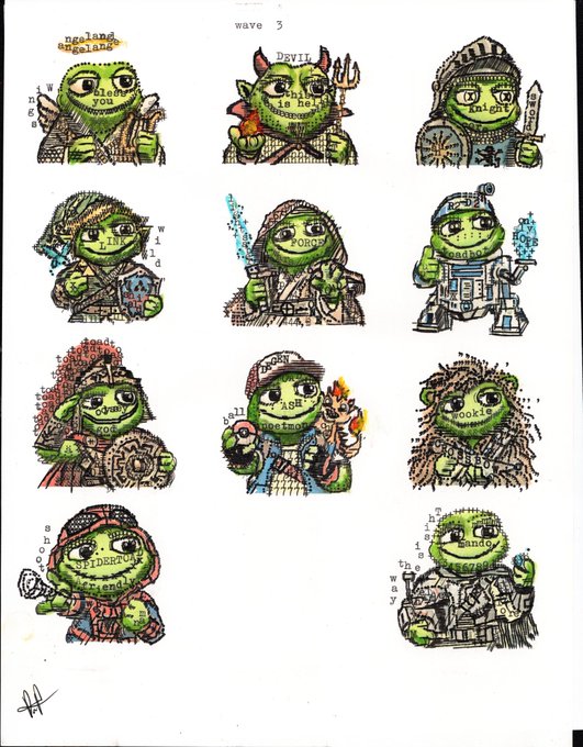 A grid of hand-drawn cartoon characters with green skin and pixelated text traits like 'black', 'devil', 'knight', 'loki', and 'purge', labeled 'wave 3'.