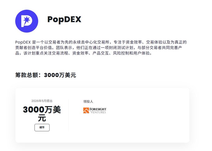 An informational graphic about PopDEX, a perpetual decentralized exchange, featuring Chinese text and a $30 million fundraising figure led by Foresight Ventures in May 2026.