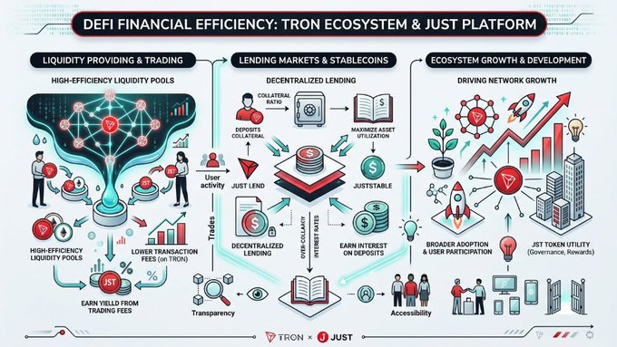 "The poster displays a flowchart of financial processes, including lending through a lending platform that supports ecosystem growth. The title says 'Defi Financial Efficiency - Tron Ecosystem & Just Platform'. At the bottom, there's an image showing what these processes would look like in practice."
