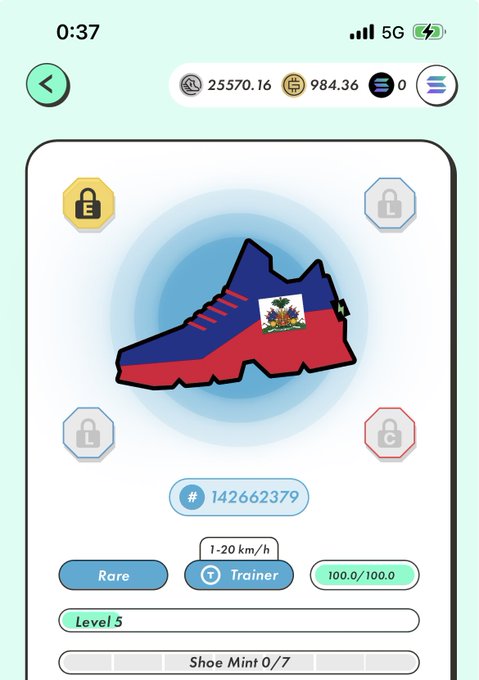 A mobile app screen showing a digital sneaker with the Haitian flag design, labeled as 'Rare', 'Trainer', Level 5, with wallet balances of 25570.16 and 984.36 at the top.