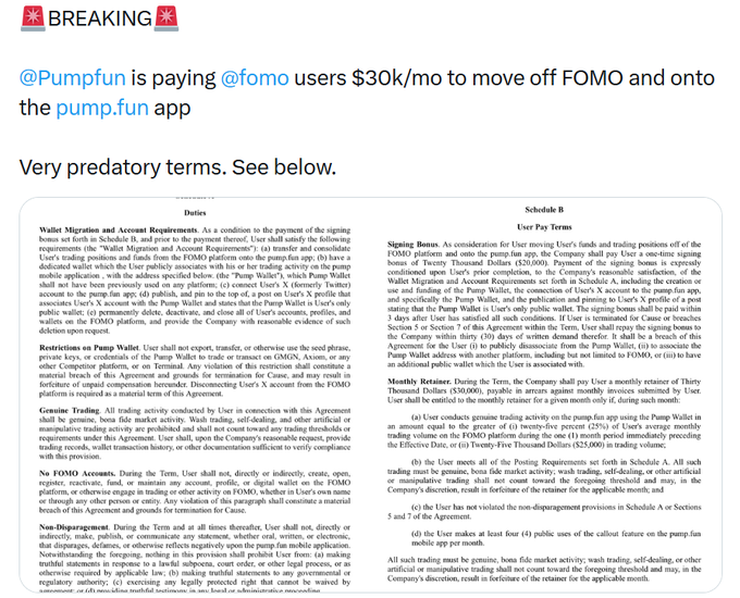 The image shows a "Breaking" news graphic about @pumpfun paying influencers $30k/month to leave the FOMO platform for its new pump.fun app, alongside a screenshot of Schedule B's "Pay Terms" detailing highly predatory contract clauses including wallet migration requirements, content restrictions, signing bonuses, monthly retainers, non-disparagement provisions, and breach penalties—all relevant to the post's analysis of Pump's strategy to outcompete FOMO in the second phase of the Solana meme market.